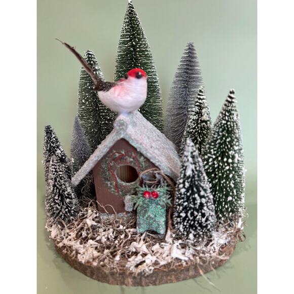 Winter Birdhouse Assemblage Diorama – Handmade Holiday Decor Centerpiece - Picture 2 of 7